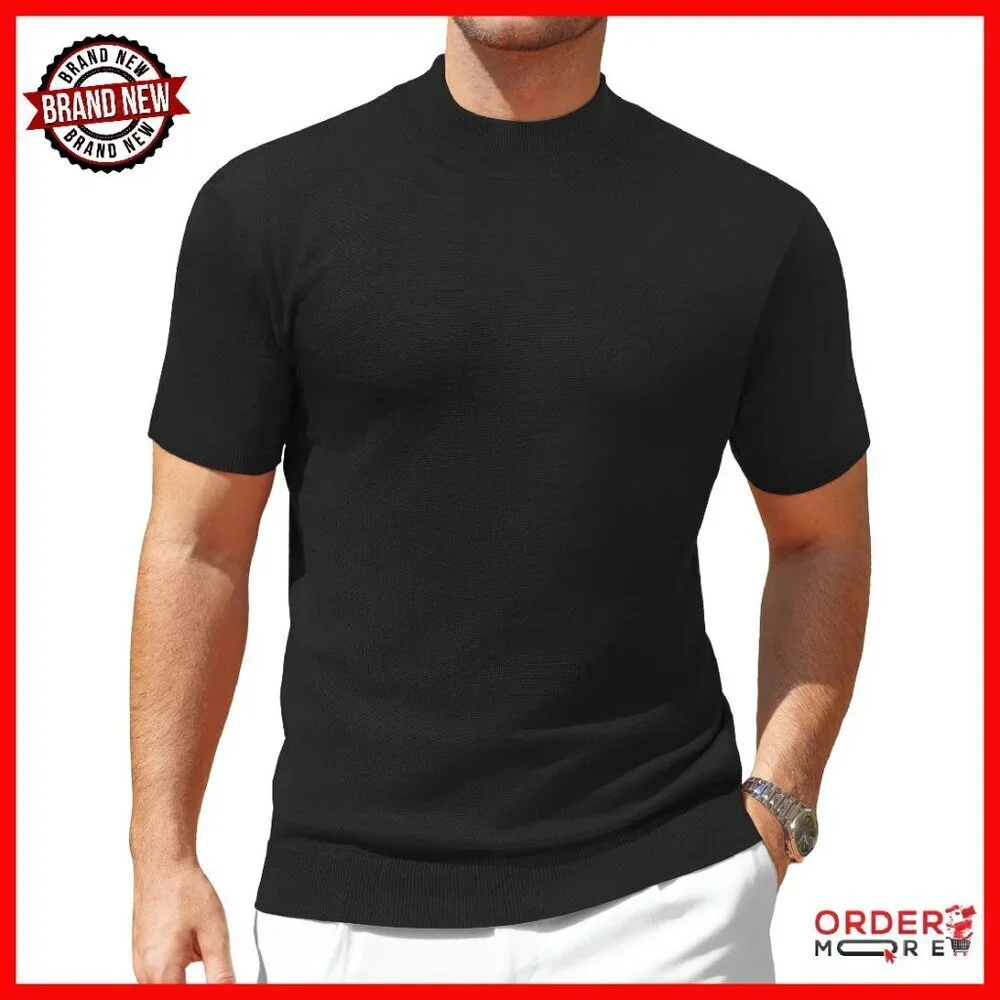 Men's Mock Turtleneck Short Sleeve Knit Pullover Sweater Casual Basic Tee